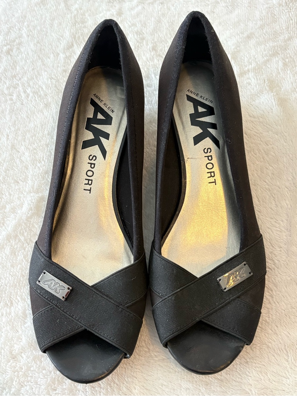 Anne Klein Black Peep Toe Flats with Metallic Logo 8.5 AK Sport